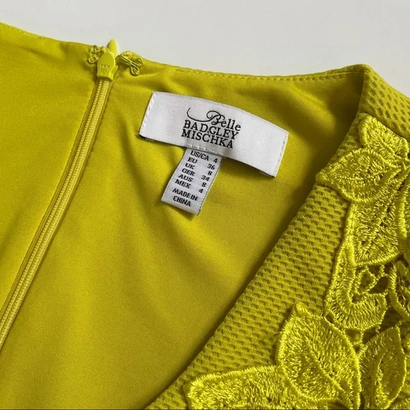Badgley Mischka Chartreuse Yellow Lace Dress sz 4 - Picture 6 of 14